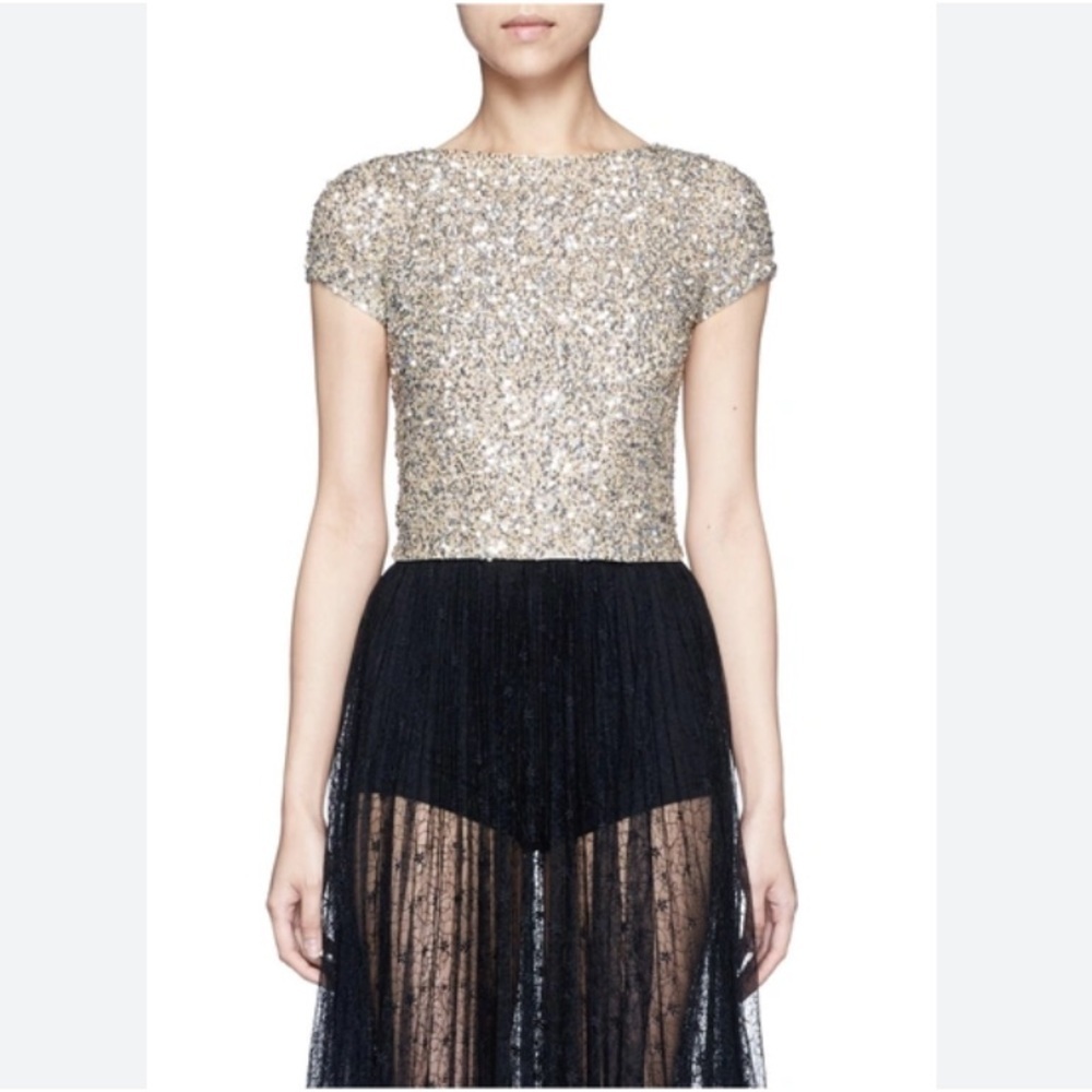 Alice & Olivia Kelli Gold Sequin Crop Top in Pale Gold